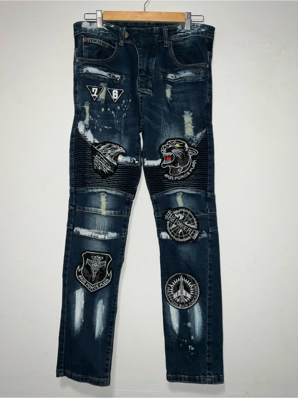 Distressed Biker Jeans Paint Splatter Moto Patchwork Tactical Denim 30